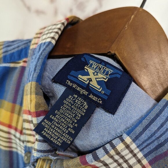 Wrangler Shirt Mens XL Blue Yellow Button Down Plaid Twenty X 20X Short Sleeve - Picture 3 of 12